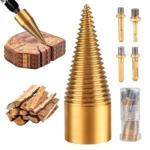 Firewood Drill Bit Set-4 Handles, Detachable Wood Splitter Drill Bits 32mm Cones